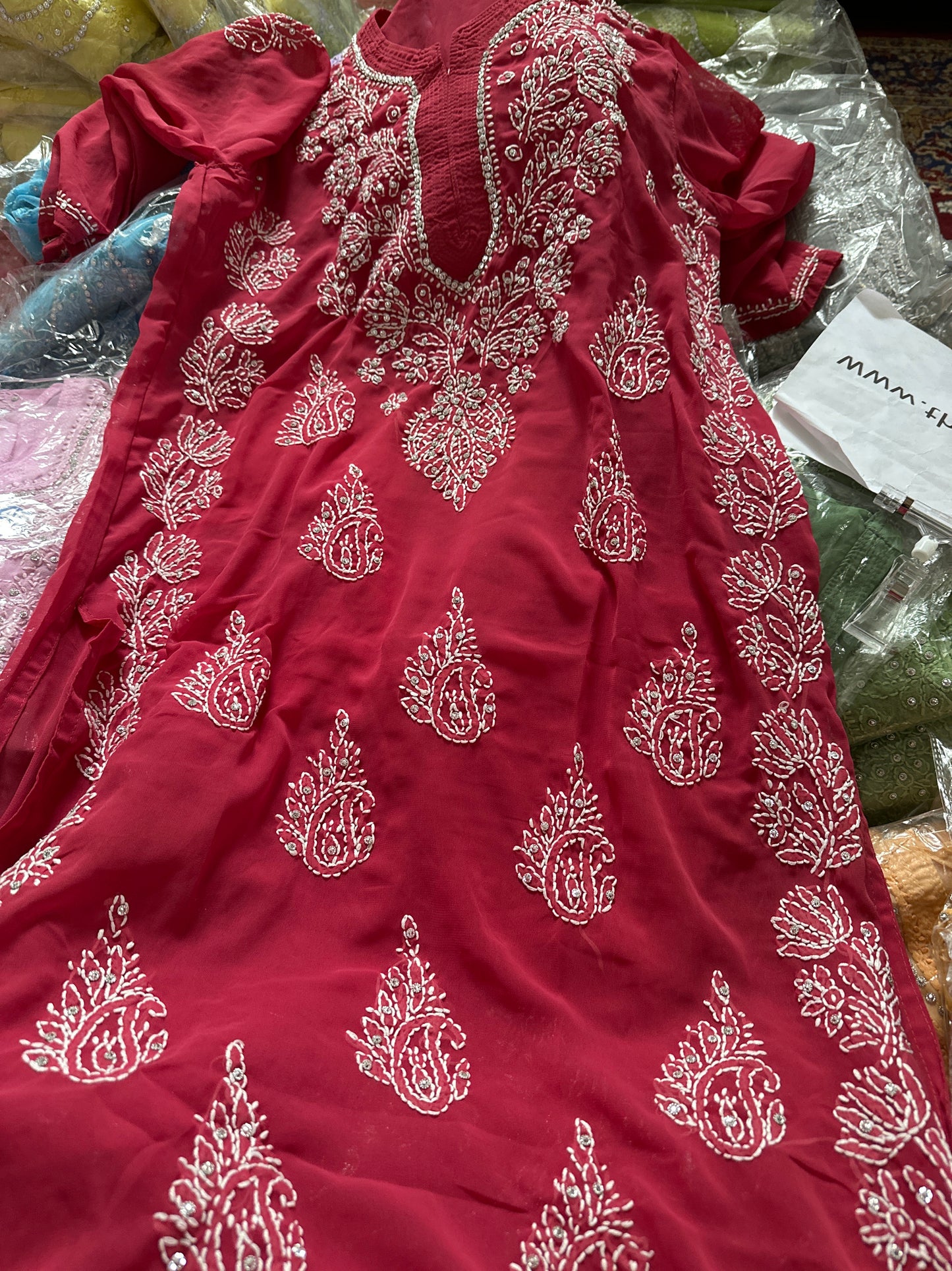 Georgette Stone Kurta- Raspberry Pink