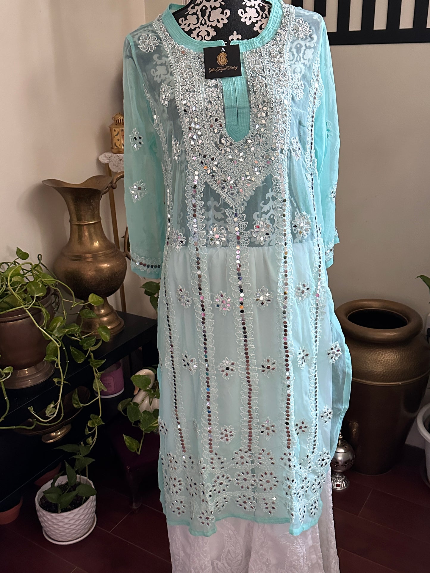 Firozi  - Georgette Mirror Kurta