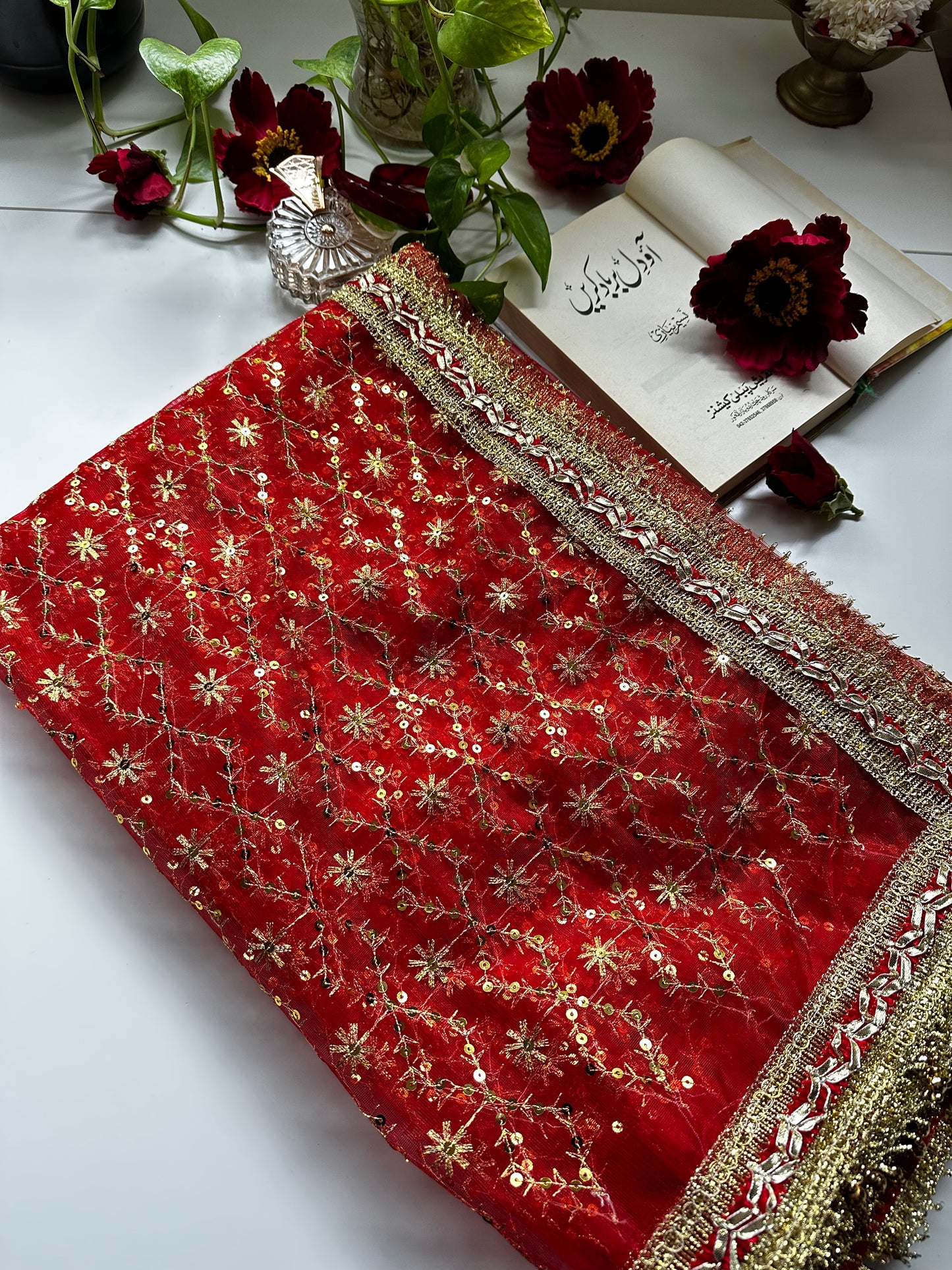 Red and Gold Bridal Ghoonghat Dupatta