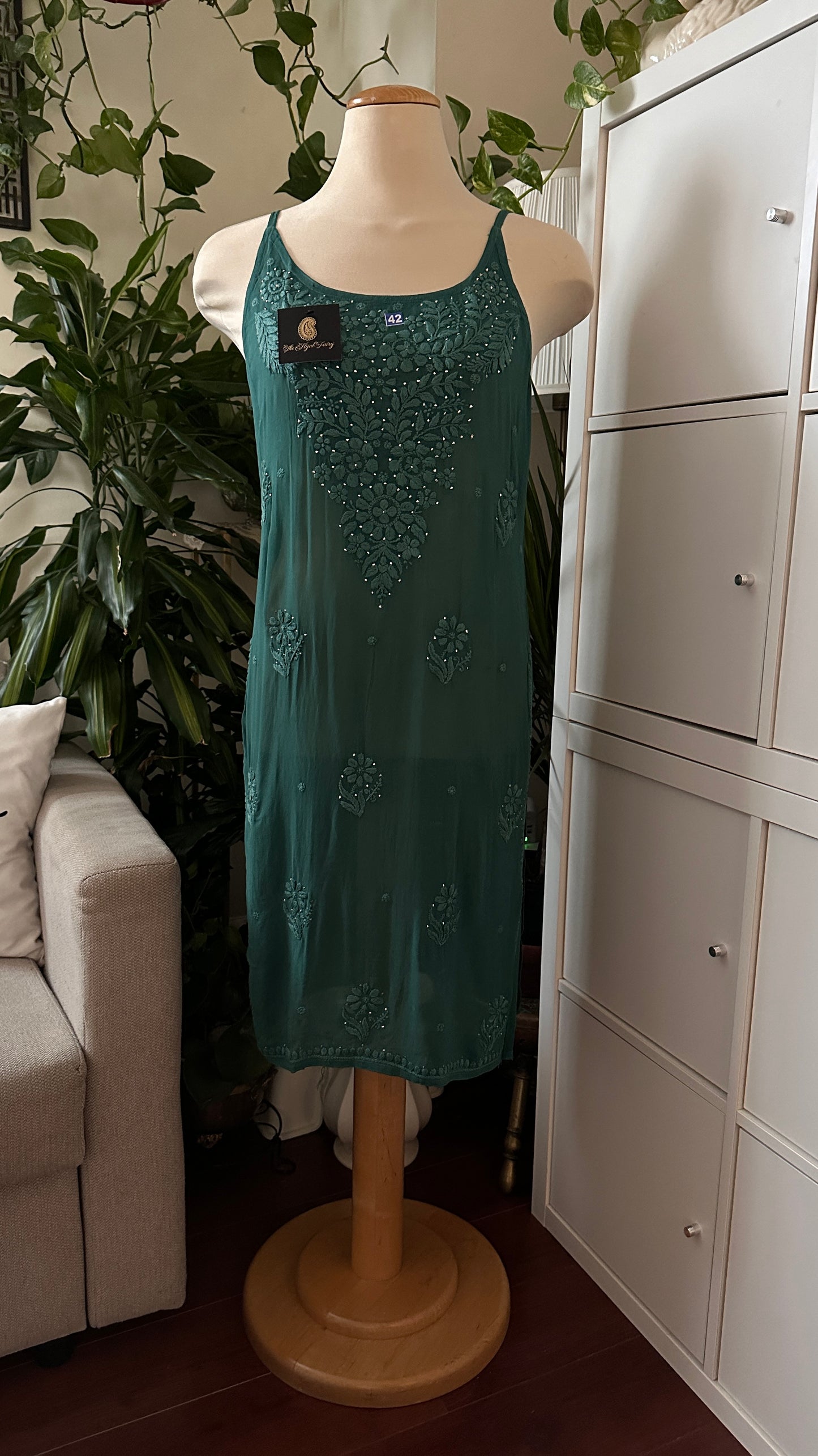 Green - Viscose Kurti - Noodle Strap with Mukaish