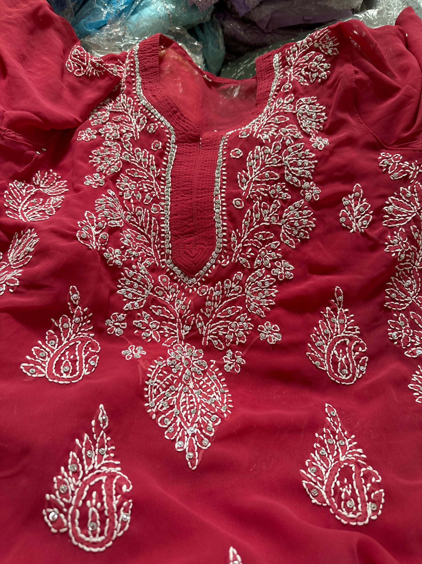 Georgette Stone Kurta- Raspberry Pink