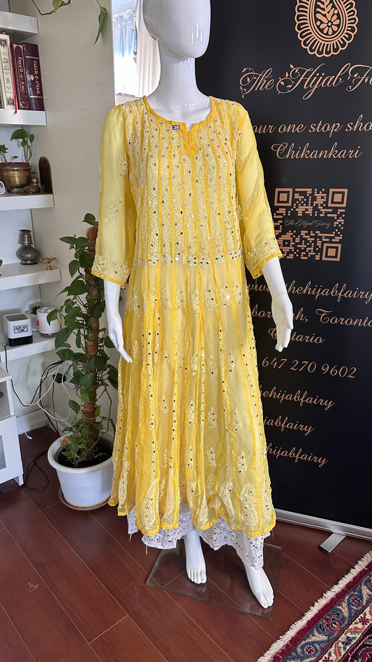 Yellow - 56 Kali Georgette Mirror Anarkali