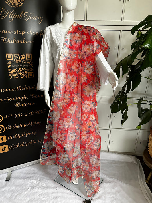 Red - Organza Digital Printed Dupatta