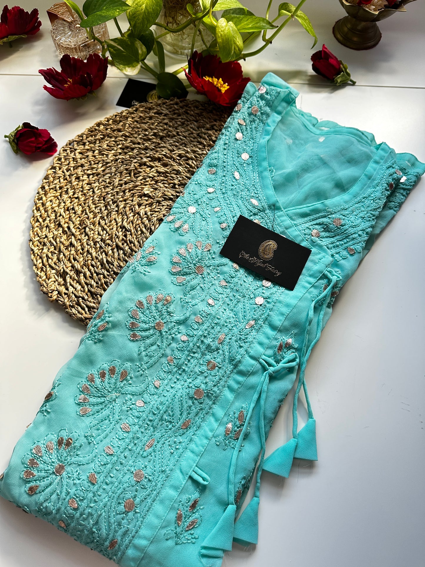 Georgette Gota Work Kurti Angrakha- Firozi