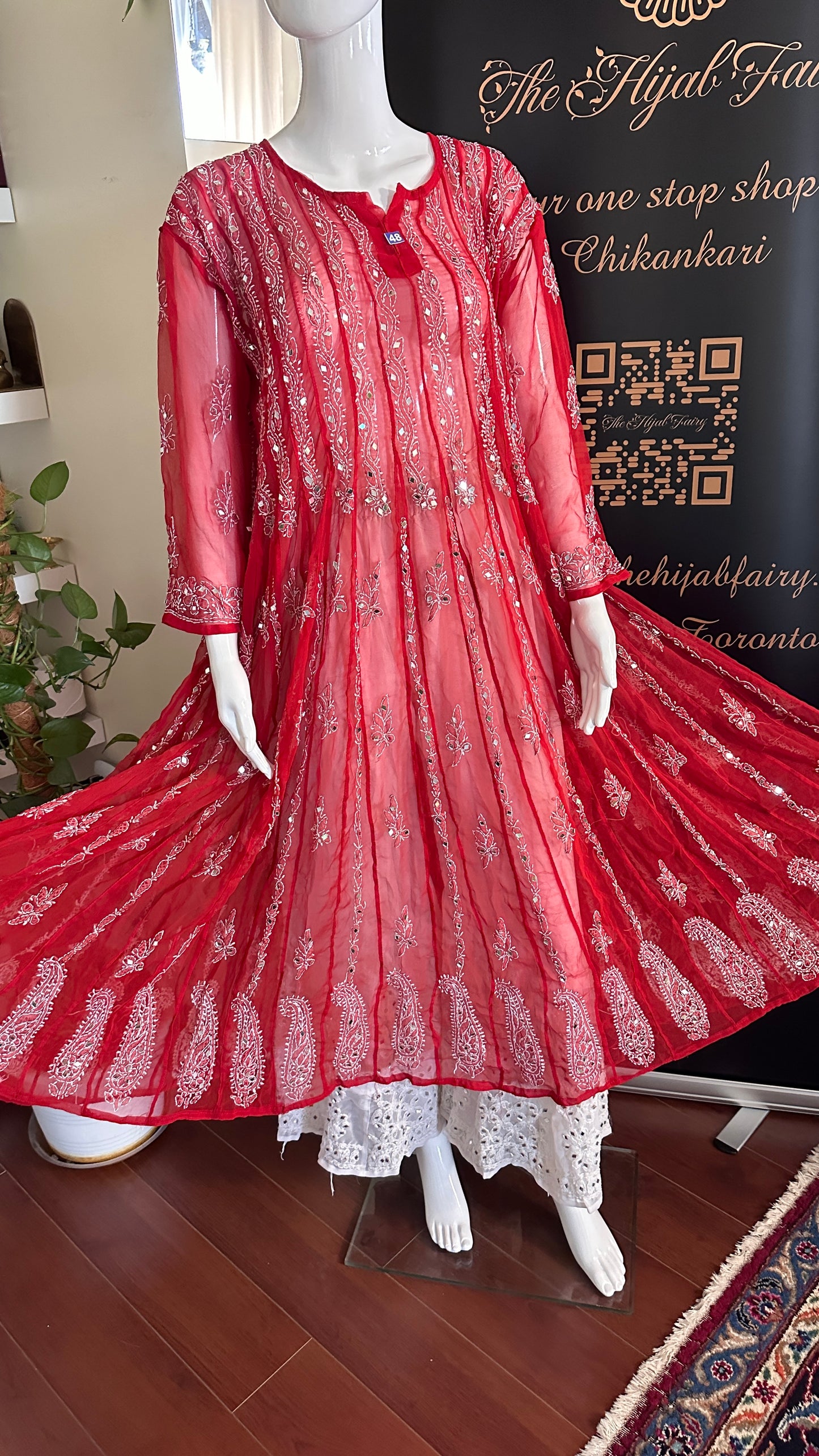 Red - 56 Kali Georgette Mirror Anarkali