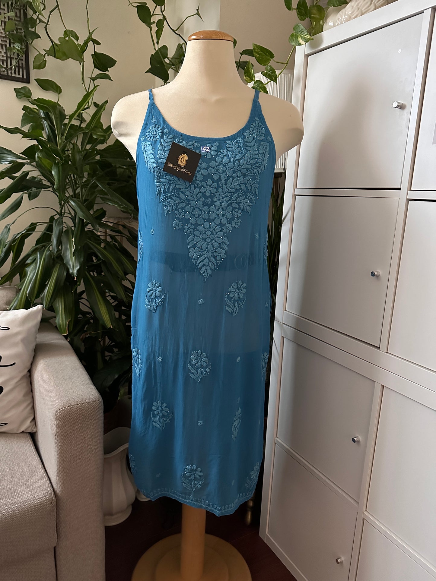 Blue - Viscose Kurti - Noodle Strap with Mukaish