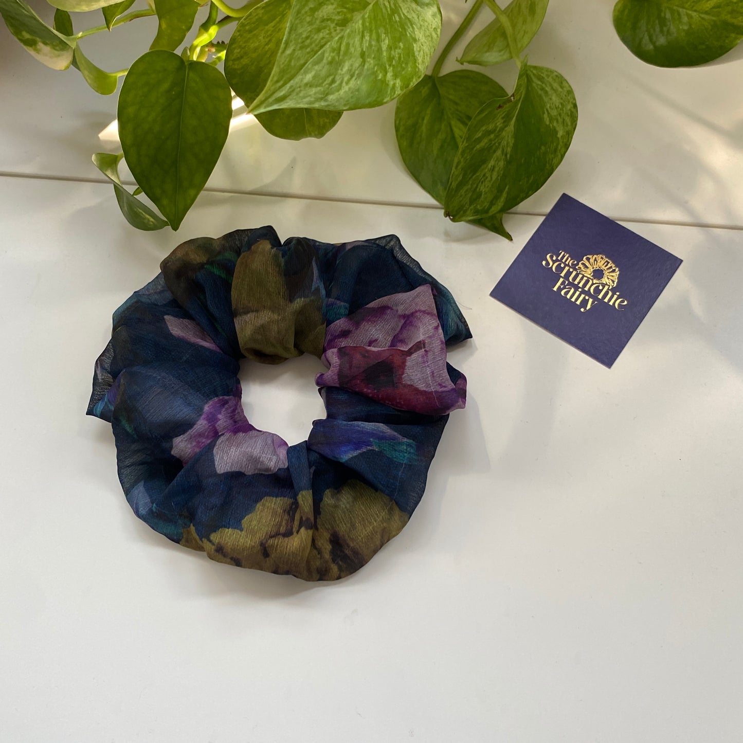 Dark Floral Chiffon Scrunchie