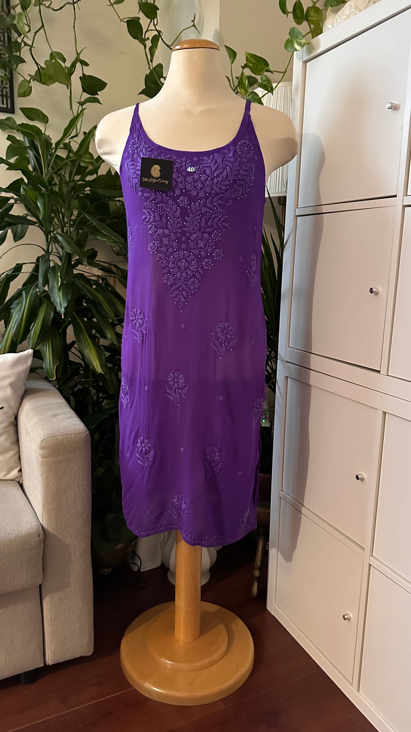 Purple - Viscose Kurti - Noodle Strap with Mukaish