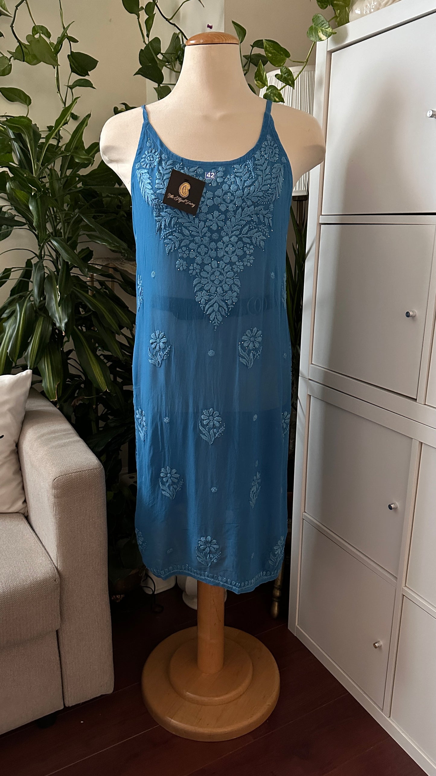 Blue - Viscose Kurti - Noodle Strap with Mukaish