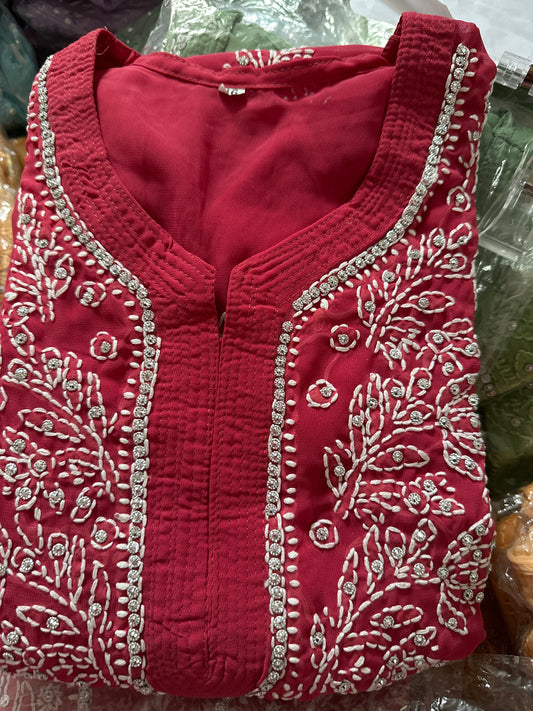 Georgette Stone Kurta- Raspberry Pink