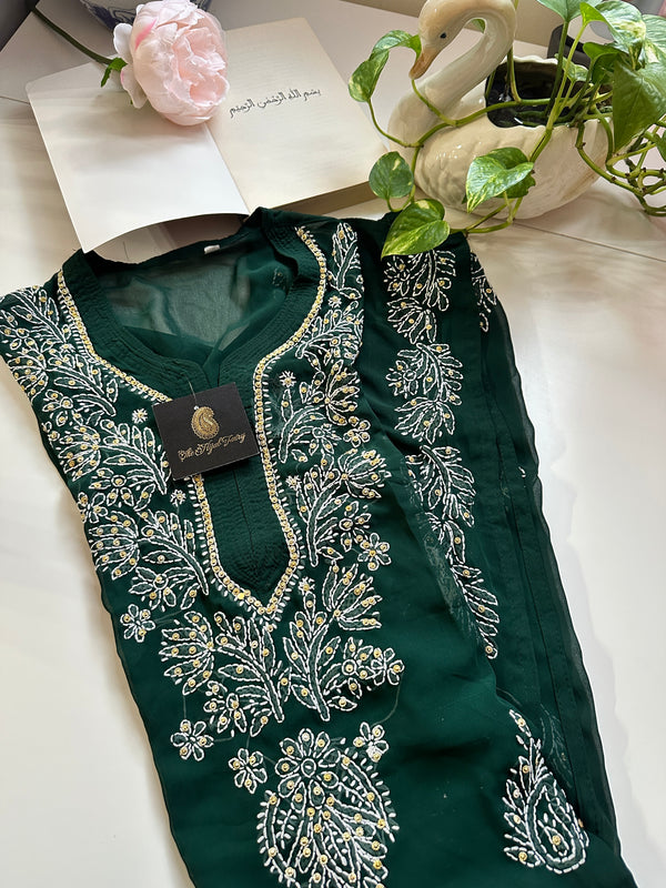 Dark Green - Georgette Stone Kurta