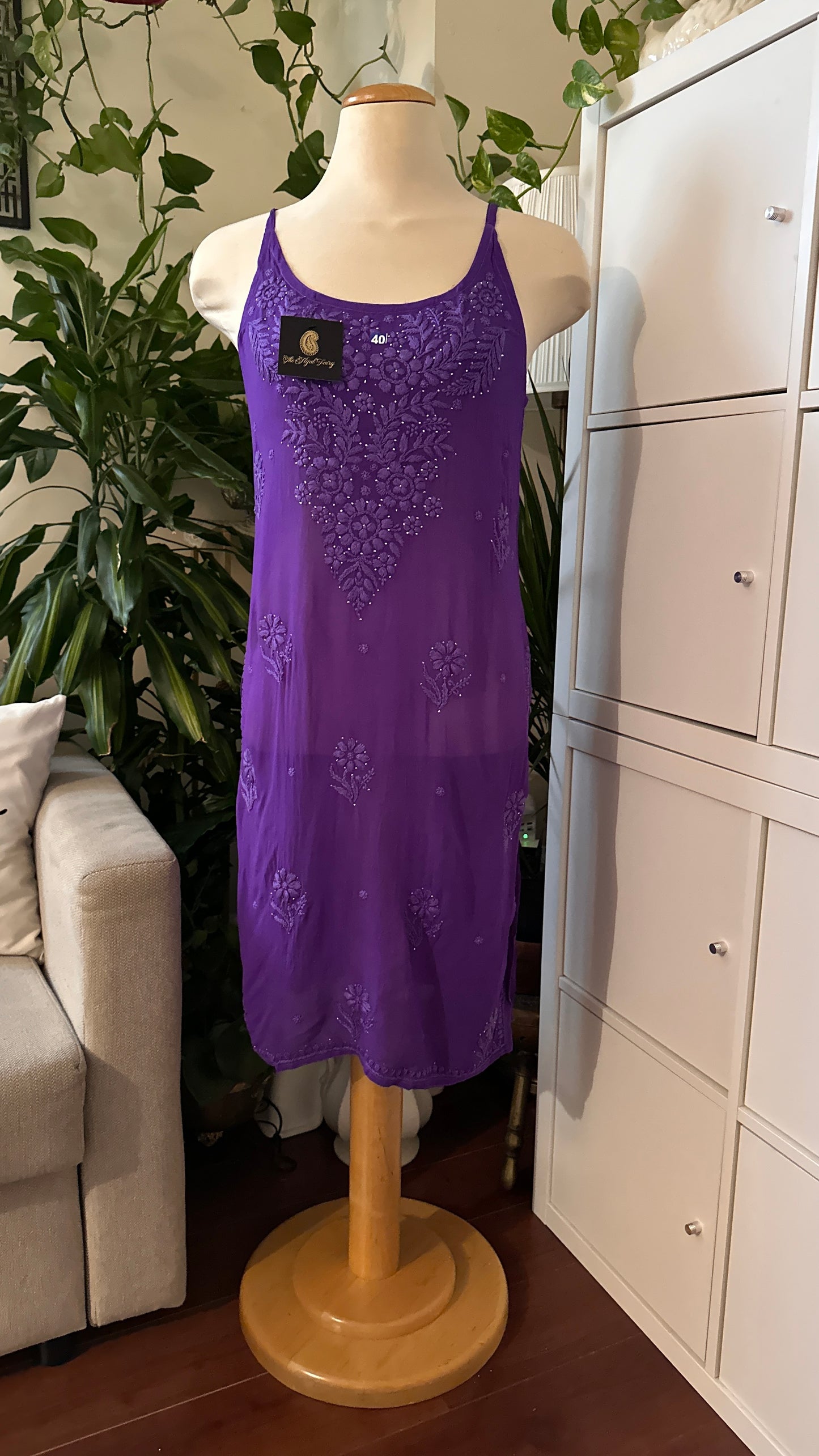 Purple - Viscose Kurti - Noodle Strap with Mukaish