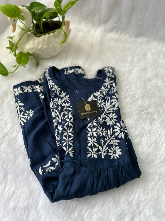 Navy Blue - Short Modal Chikankari Frock