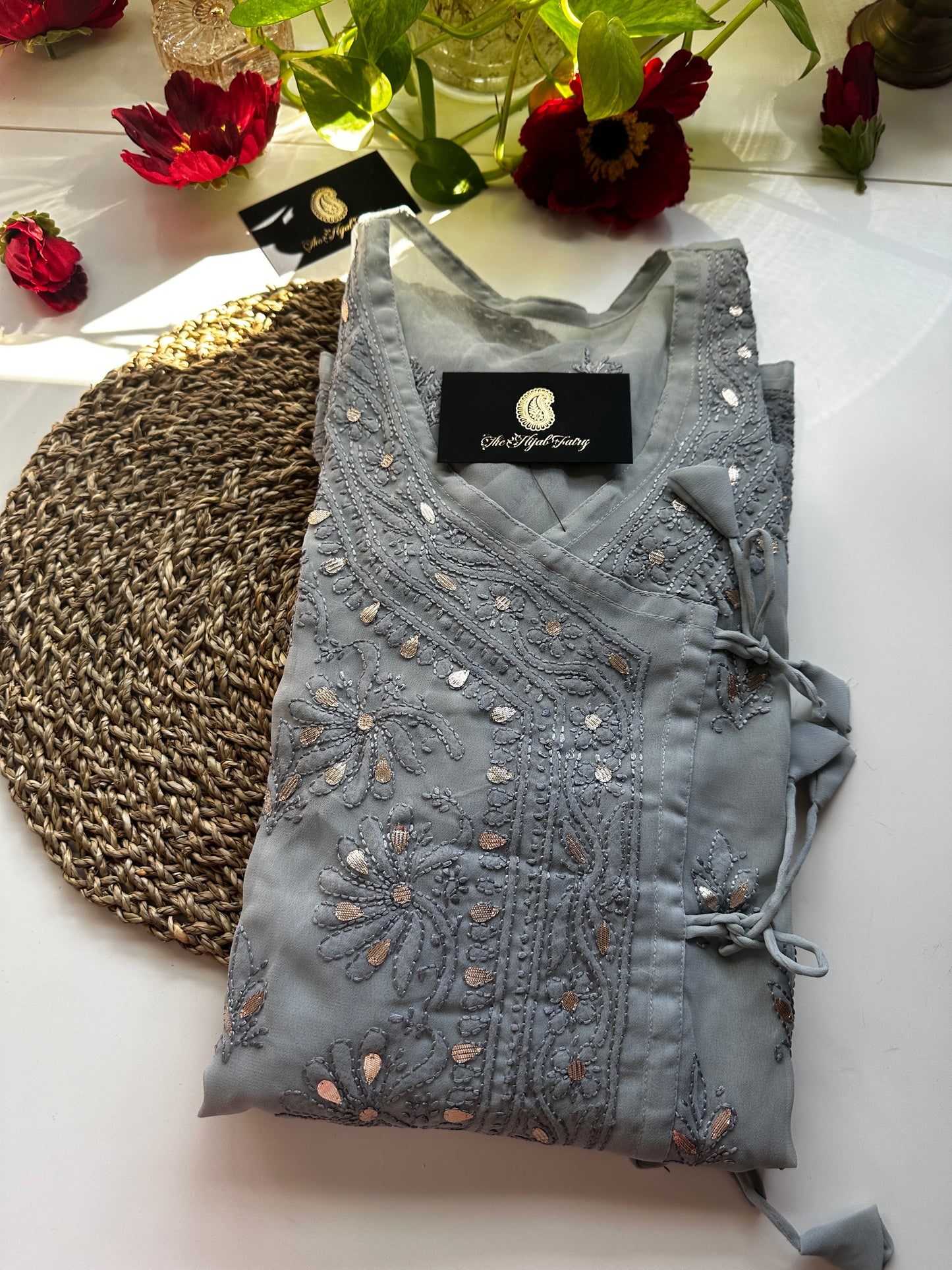 Georgette Gota Work Kurti Angrakha - Grey