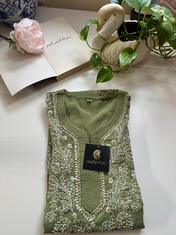 Olive Green - Georgette Stone Kurta