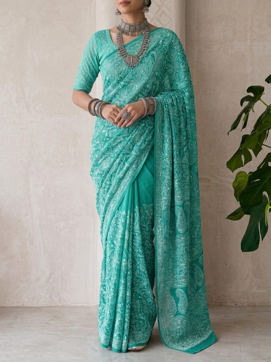 Firozi - Full Jaal Saree