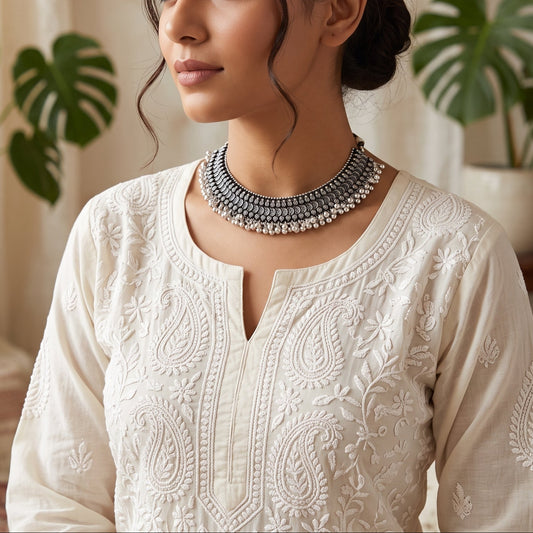 A woman wearing a cream-colored embroidered kurta and a chunky silver-toned beaded collar necklace, posed in a warm, indoor setting with potted plants and neutral-toned curtains in the background.