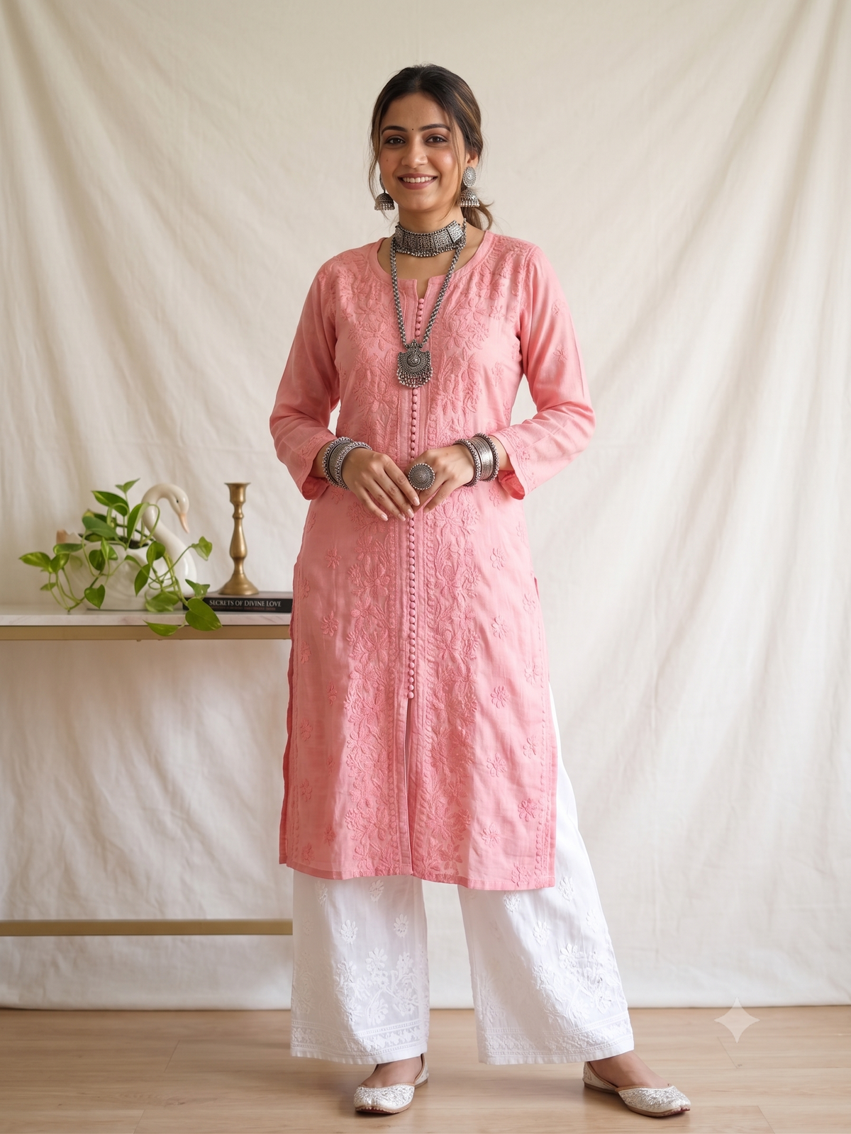 Peach - Ombre Modal Straight Chikankari Kurta