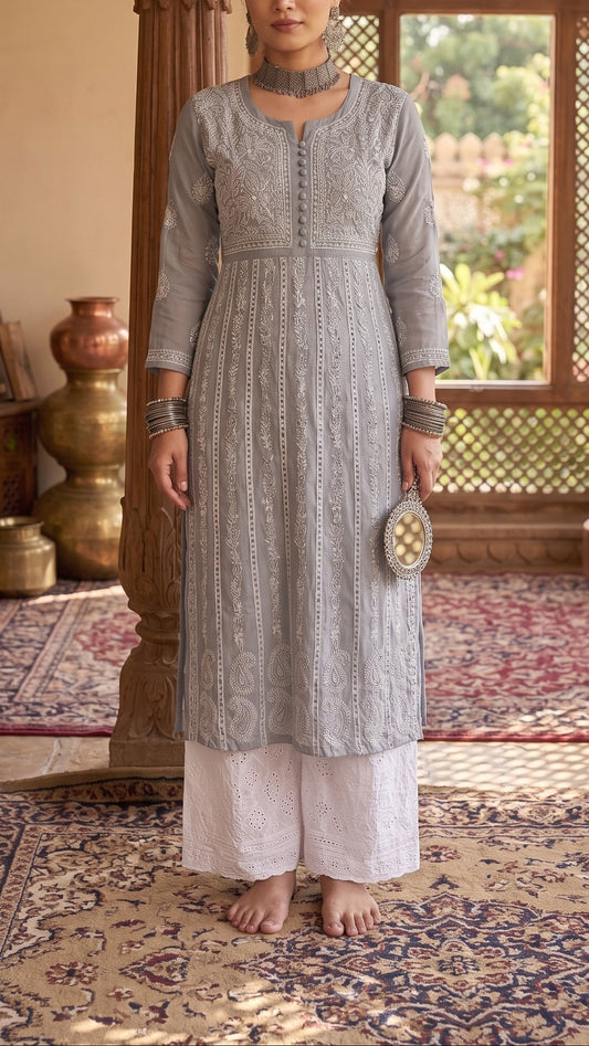 Grey - Yoke Style Georgette Mirror Anarkali