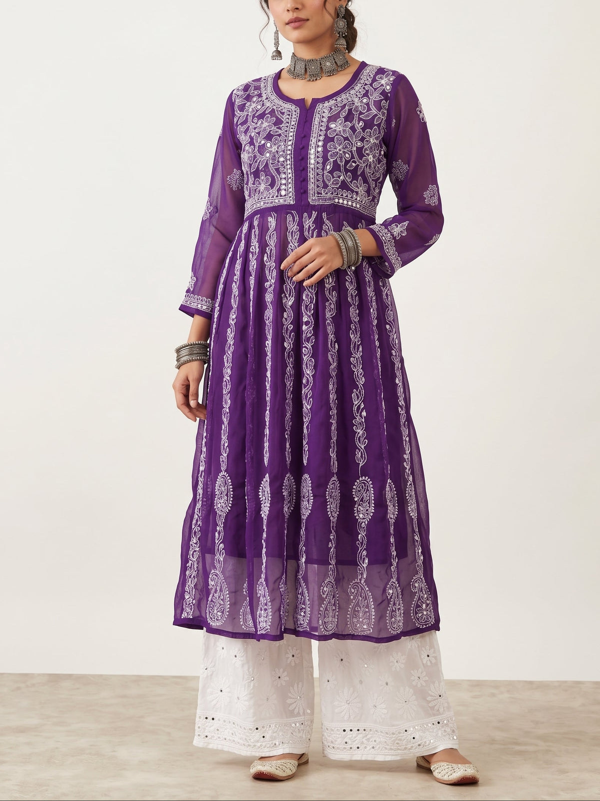 Purple - Yoke Style Georgette Mirror Anarkali