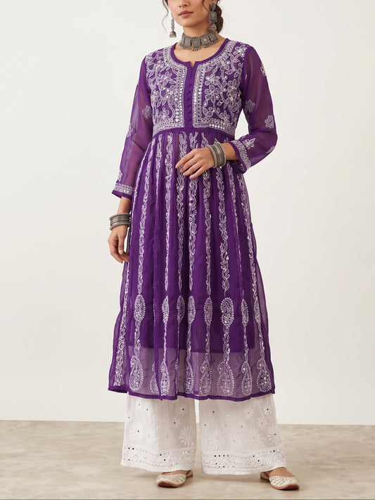 Purple - Yoke Style Georgette Mirror Anarkali