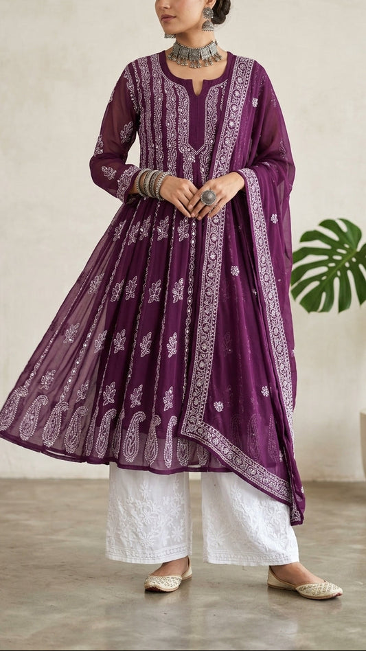 Wine - 56 Kali Georgette Mirror Anarkali