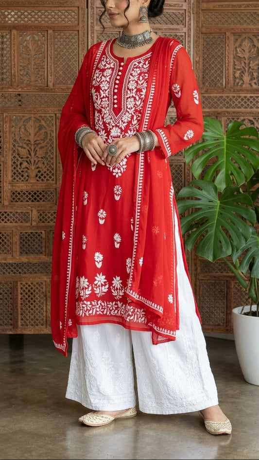 Red - Chikankari Georgette Kurta with Dupatta