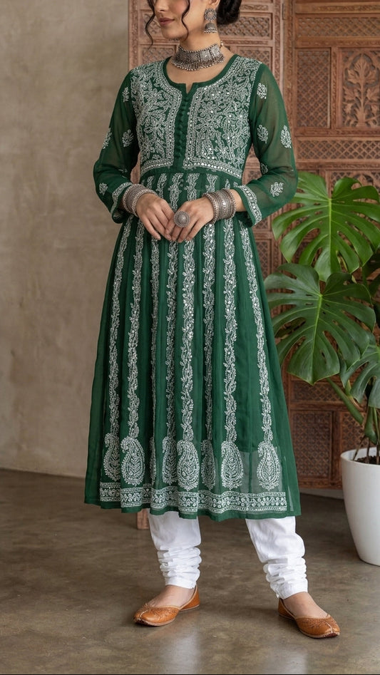 Dark Green - Yoke Style Georgette Mirror Anarkali