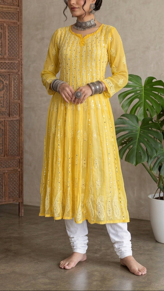 Yellow - 56 Kali Georgette Mirror Anarkali