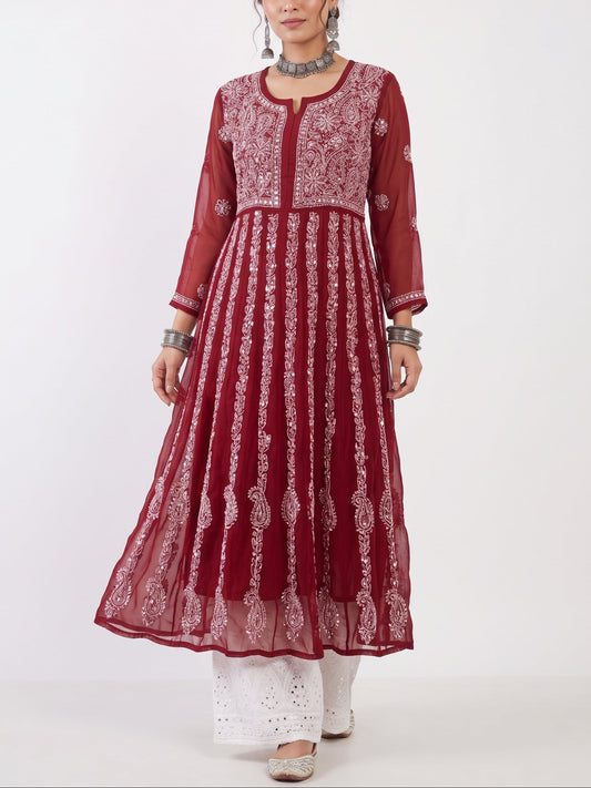 Maroon - Yoke Style Georgette Mirror Anarkali