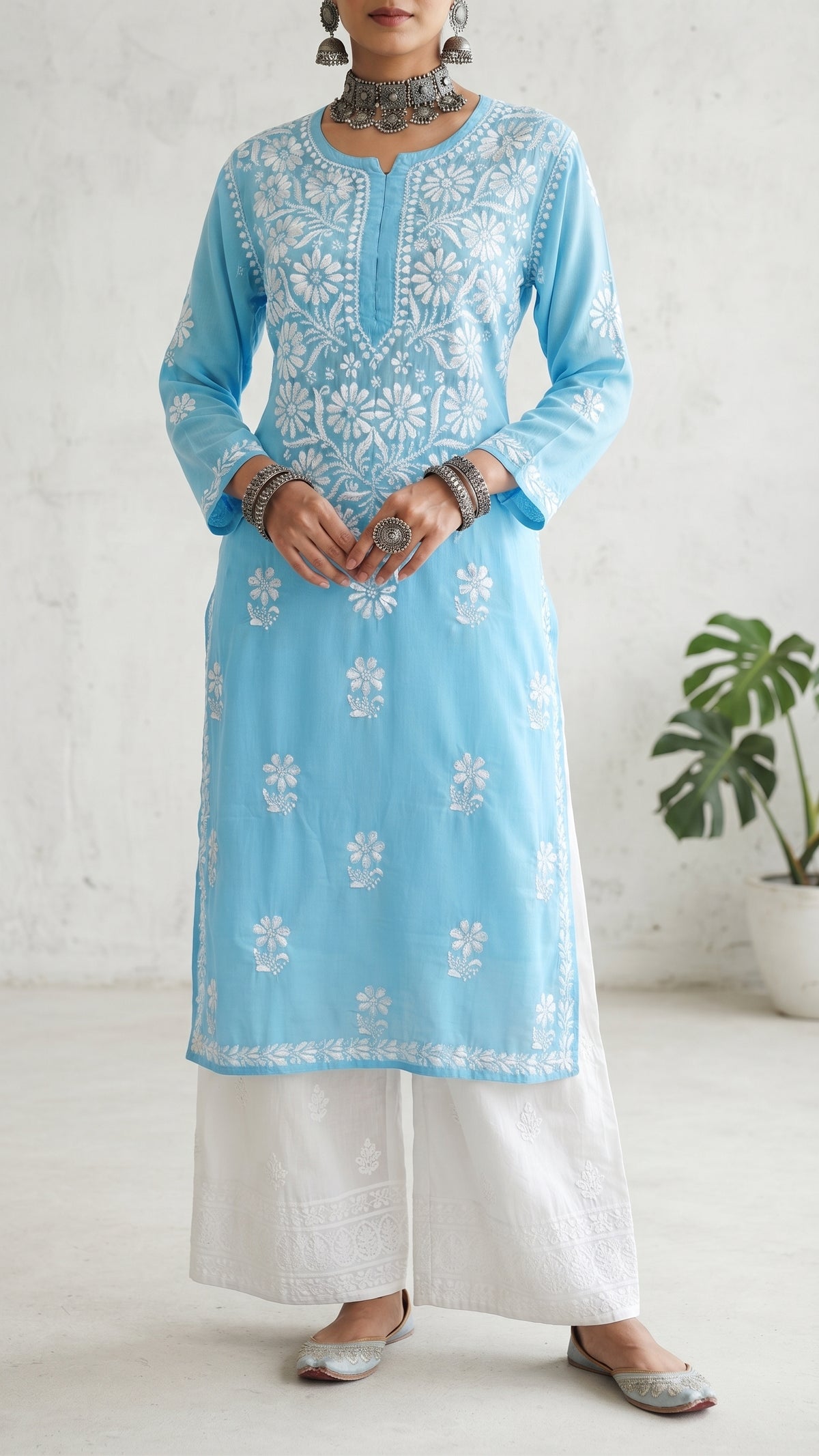 Bleu ciel - Kurta long droit en modal