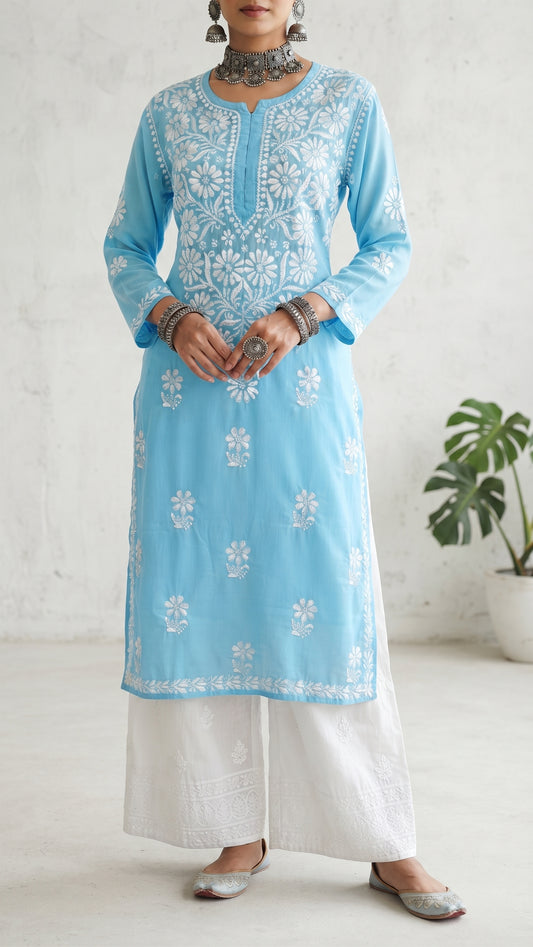 Bleu ciel - Kurta long droit en modal