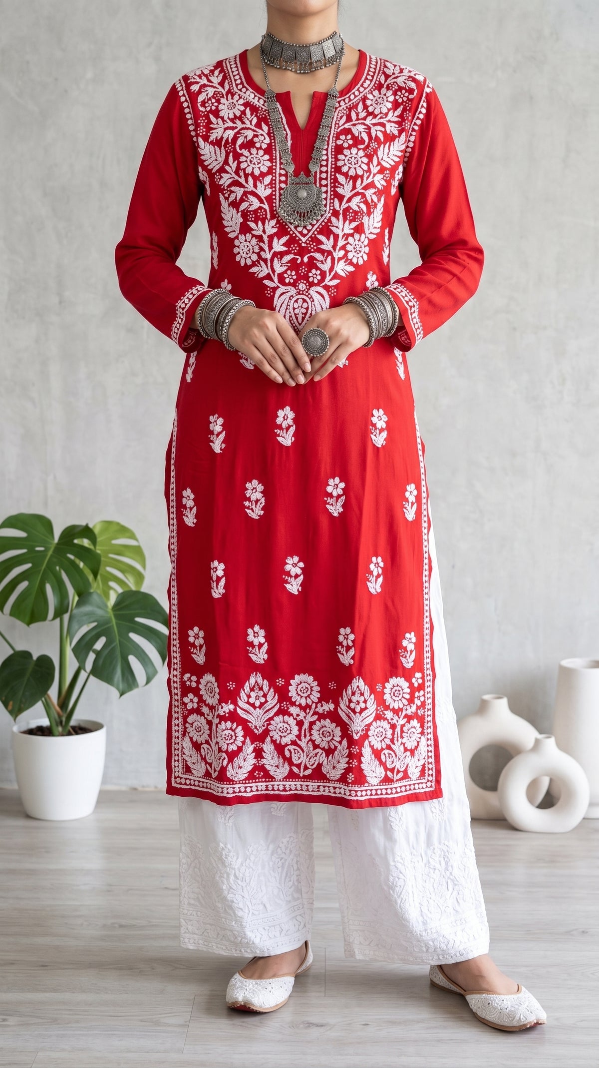 Rouge - Kurta long droit en modal