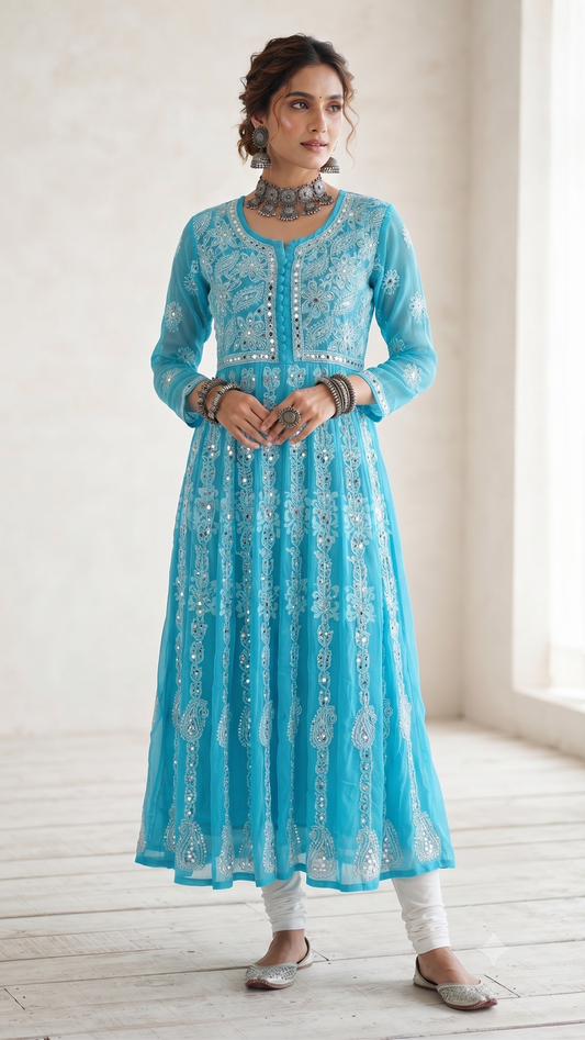 Bleu - Miroir Georgette Style Joug Anarkali