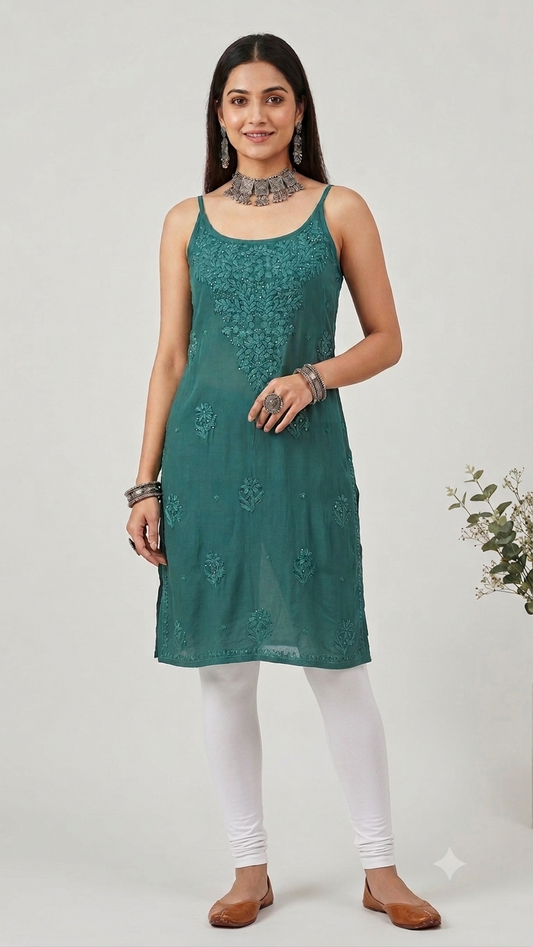 Green - Viscose Kurti - Noodle Strap with Mukaish