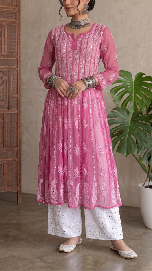 Pink - 56 Kali Georgette Mirror Anarkali