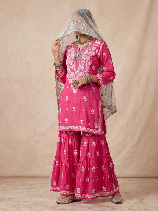 Pink - Viscose Gharara Set