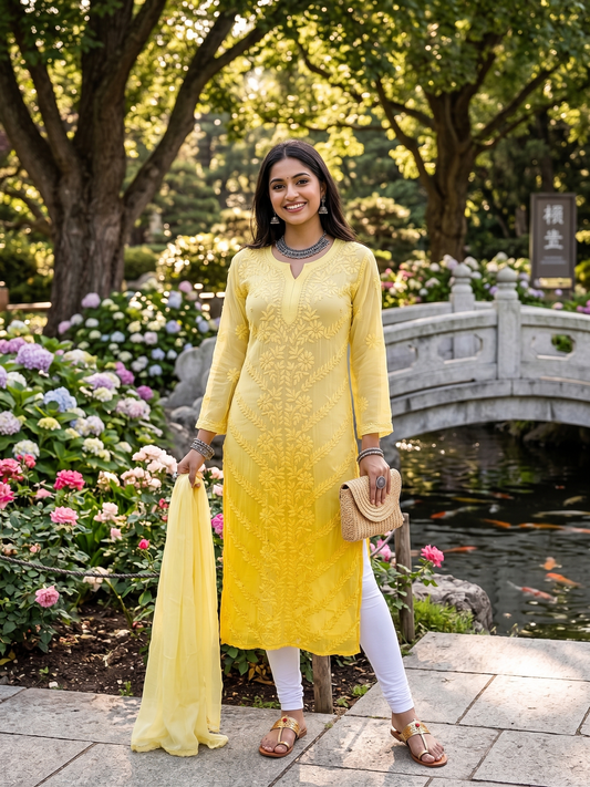 Yellow Ombre - Premium Viscose Kurti with Mukaish
