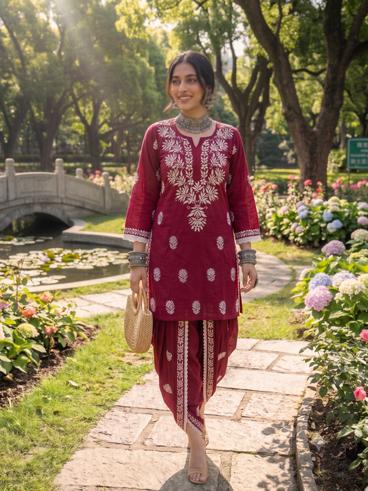 Maroon - Cotton Dhoti Co-ord Set