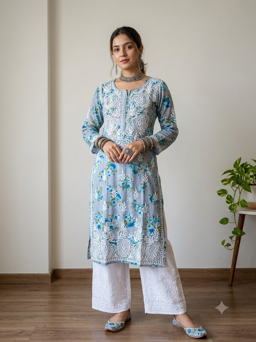 Malmal Printed Kurti- Blue 1