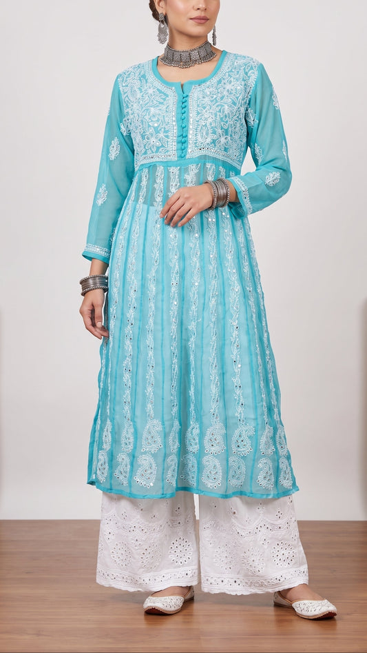 Ferozi - Yoke Style Georgette Mirror Anarkali