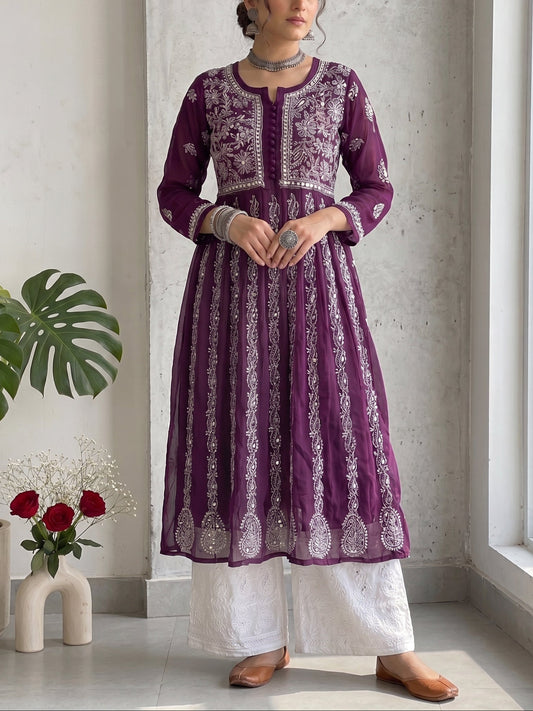 Wine - Yoke Style Georgette Mirror Anarkali