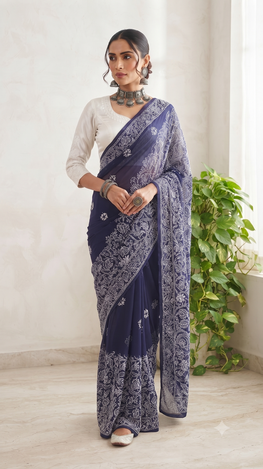 Navy - Half Jaal Saree