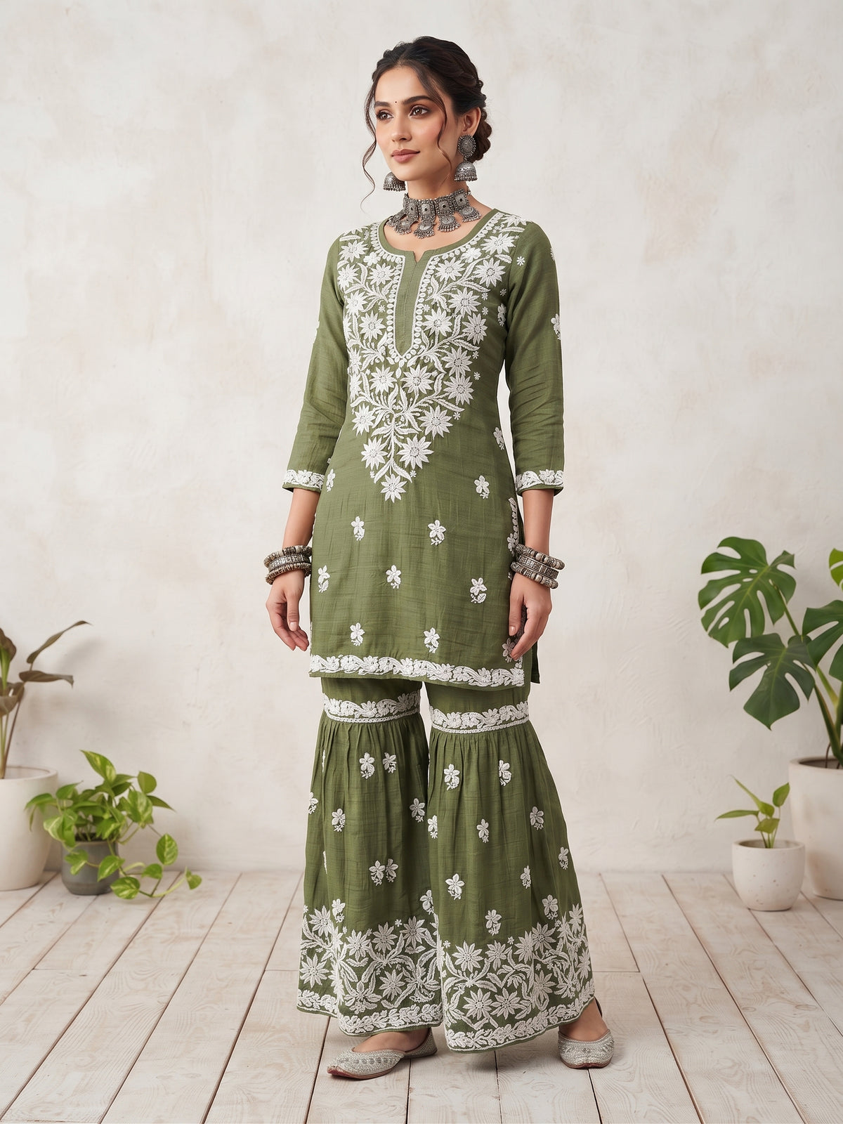 Green - Viscose Gharara Set