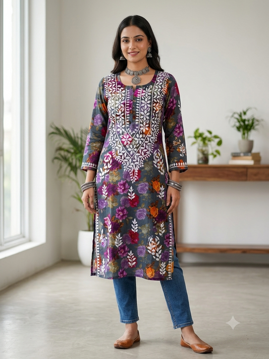Rayon Printed Grey Kurti (design A)