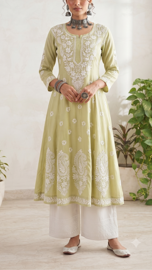 A woman modeling a light sage green kurta with intricate white embroidery, paired with white wide-leg pants, standing in a bright indoor setting with potted plants.
