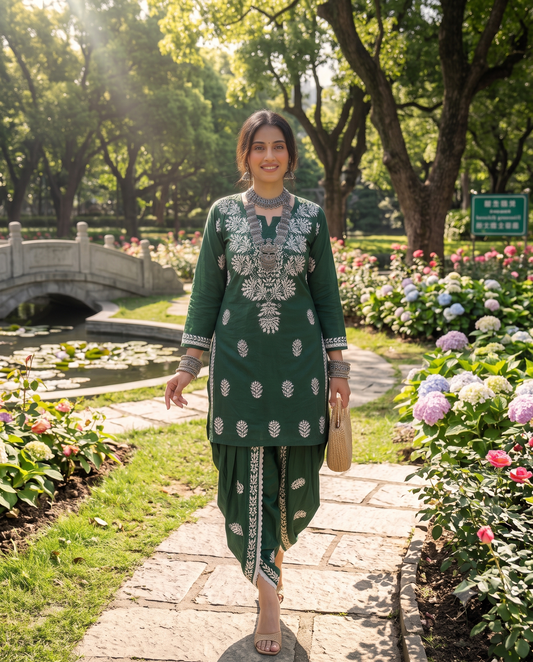 Dark Green - Cotton Dhoti Co-ord Set