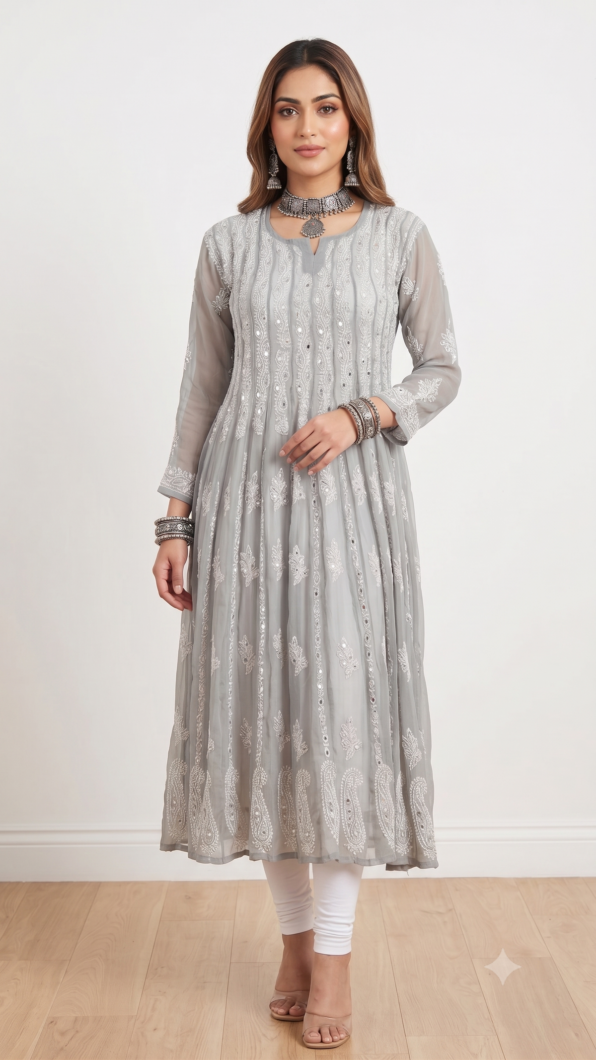 Grey - 56 Kali Georgette Mirror Anarkali