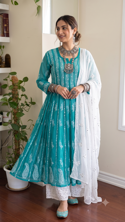 Ferozi - 56 Kali Georgette Mirror Anarkali