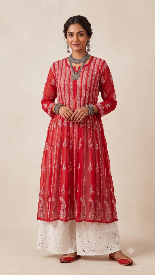 Red - 56 Kali Georgette Mirror Anarkali